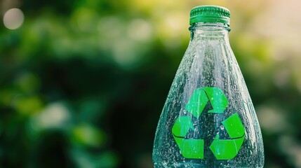 Poster - A close-up of a glass beverage bottle featuring a recycle symbol, highlighting eco-friendly packaging choices, with large space for text overlay