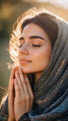 Poster - Devout young woman wearing a headscarf, peacefully praying at sunset during ramadan