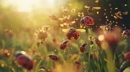 Poster - A close-up of beneficial insects like ladybugs, pollinating plants and controlling pests, promoting biodiversity in a regenerative farm setting