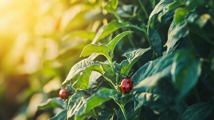 Poster - A close-up of ladybugs on plants, aiding in pest control without pesticides in a healthy, biodiverse regenerative farm