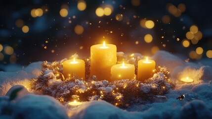 Poster - Golden holiday lights illuminating a snowy wreath with glowing candles