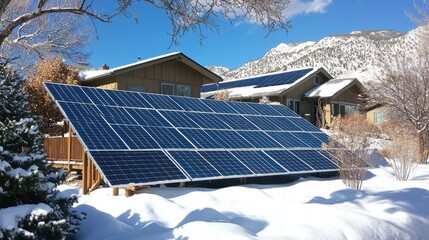 Poster - A close-up of solar panels lightly dusted with snow on a winter day, demonstrating solar energy's benefits year-round in various climates, with room for text