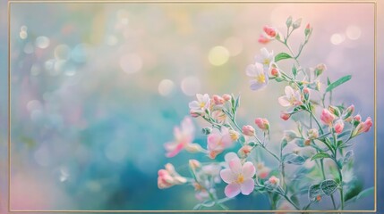 Poster - Greeting card featuring delicate pastel flowers framing a soft background
