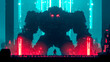© edojob - Pixel art boss character facing player avatar in futuristic cityscape