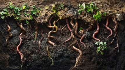 Poster - A detailed look at soil teeming with organic matter, roots, and earthworms, illustrating the power of regenerative farming to restore fertility