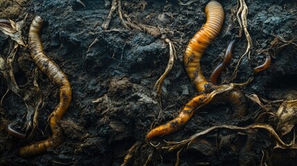 Poster - A detailed look at soil teeming with organic matter, roots, and earthworms, illustrating the power of regenerative farming to restore fertility