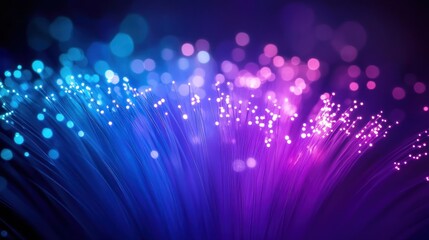 Poster - abstract blue and purple particles resembling optical fiber, glowing threads of light intertwined, 