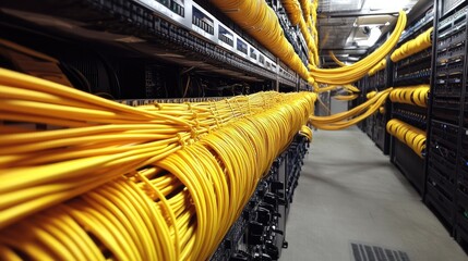 Poster - A detailed shot of a server room with large storage units and fiber optic cables, showcasing the efficiency of high-speed data transfer, with room for text