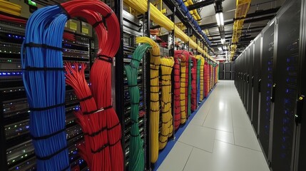Poster - A detailed shot of a server room with large storage units and fiber optic cables, showcasing the efficiency of high-speed data transfer, with room for text
