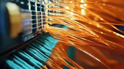 Poster - A detailed shot of a server room with large storage units and fiber optic cables, showcasing the efficiency of high-speed data transfer, with room for text
