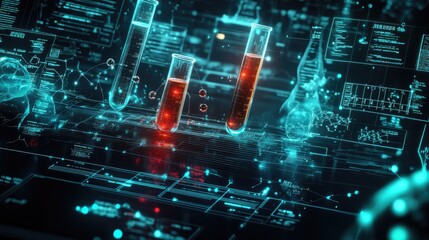 Poster - A digital background with glowing chemical symbols, beakers, and test tubes, surrounded by data points and scientific diagrams, perfect for tech or science content with space for text