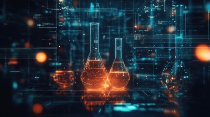 Poster - A digital background with glowing chemical symbols, beakers, and test tubes, surrounded by data points and scientific diagrams, perfect for tech or science content with space for text