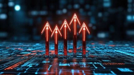 Poster - Glowing Red Arrow Symbols Representing Growth and Advancement on Futuristic Digital Landscape