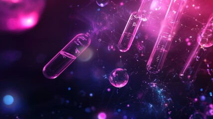 Aufkleber - A digital science background with chemical formulas, test tubes, and glowing data points, representing research, with large space for text