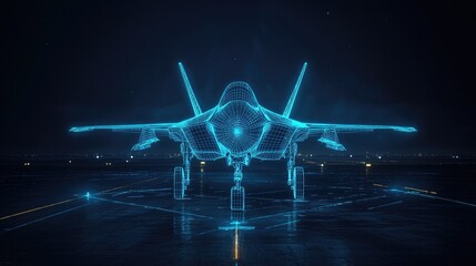 Poster - A digital wireframe hologram of a fighter jet on a dark tarmac, glowing blue with detailed lines, showcasing modern aerospace design, with space for copy