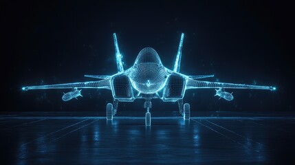 Poster - A digital wireframe hologram of a fighter jet on a dark tarmac, glowing blue with detailed lines, showcasing modern aerospace design, with space for copy