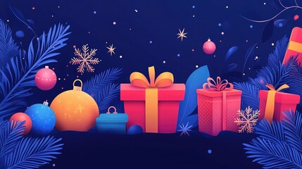 Wall Mural - Holiday banner with gifts, snowflakes, and glowing baubles on a dark blue background