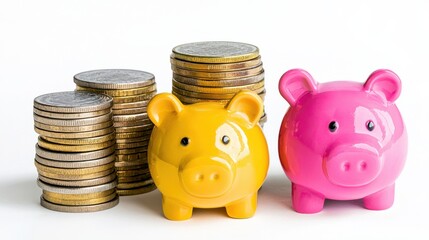 Piggy bank and stacks of coins representing financial savings and investment concept for future prosperity and economic security