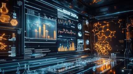Aufkleber - A futuristic digital display of chemical symbols, test tubes, and scientific data points, perfect for STEM content, with space for copy