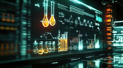 Aufkleber - A futuristic digital display of chemical symbols, test tubes, and scientific data points, perfect for STEM content, with space for copy