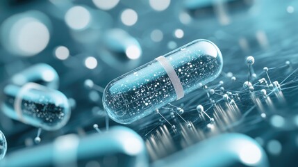 Poster - A futuristic look at nanoscale innovations in drug delivery, showcasing advanced technology for targeted treatments, with space for text on the side