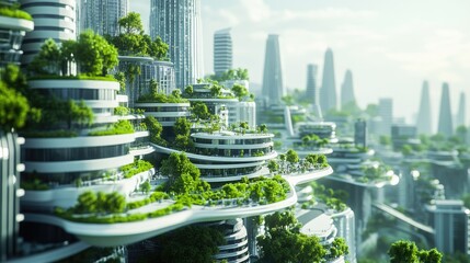 Aufkleber - A futuristic smart city model featuring green technologies, eco-friendly infrastructure, and sustainable design elements, with space for copy text