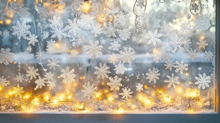 Poster - Frosted window with snowflakes, framed by glowing Christmas garlands