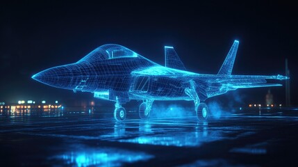 Poster - A futuristic wireframe hologram of a fighter jet glowing in blue on a nighttime tarmac, perfect for tech or aviation-themed text space