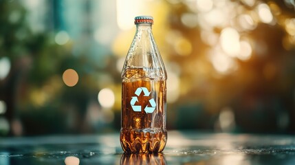 Poster - A glass beverage bottle with a prominent recycle icon displayed, emphasizing sustainable packaging and recycling, with ample space for text in the center