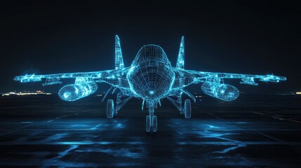 Poster - A glowing wireframe fighter jet displayed on a dark tarmac, with blue light illuminating the intricate design, ideal for tech-focused text space