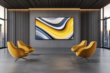 Poster - A 3D-rendered modern gallery wall with an intricate metallic frame displaying a dynamic digital art piece in vivid colors