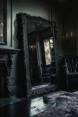 Poster - Ornate dark mirror reflects room, dark furniture.