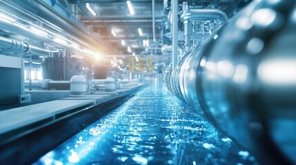 Poster - A high-tech water purification research center using innovative sustainability methods, with futuristic machines and clean solutions, offering ample side space for text