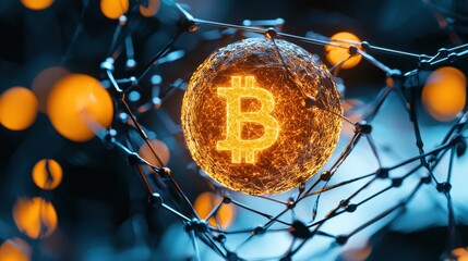 Poster - Glowing Bitcoin Cryptocurrency Digital Orb with Pulsing Digital Network Blockchain Concept