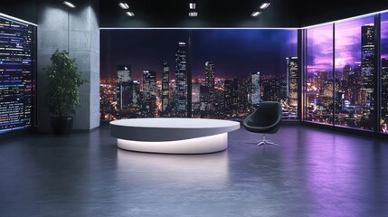 Aufkleber - A modern news studio with a white table and black chair, offering a view of the city at night, perfect for news or media-related content.