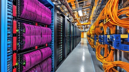 Poster - A modern server room filled with large storage arrays and fiber optic cables, highlighting high-speed data transfer capabilities, with space for text on the side