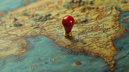 Poster - A red pin on a map pointing to a specific country, with detailed roads and cities visible, representing location planning and navigation.