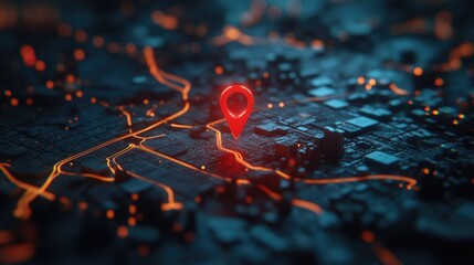 Poster - A red pin placed on a map, highlighting an entire country with visible roads and cities, showcasing the power of precise location tracking.