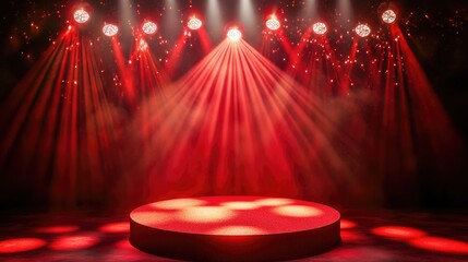 Poster - A red podium glowing under red lights in a professional studio, perfect for showcasing awards, with large space for text overlay