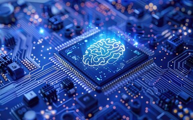 Poster - Artificial and natural intelligence converge on a chip with a glowing brain icon against a blue circuit board. Ideal for AI, deep learning, and futuristic big data technology projects
