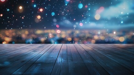Poster - A spacious wooden floor with the colorful explosion of fireworks in the night city sky, perfect for event promotions, with a large area for text