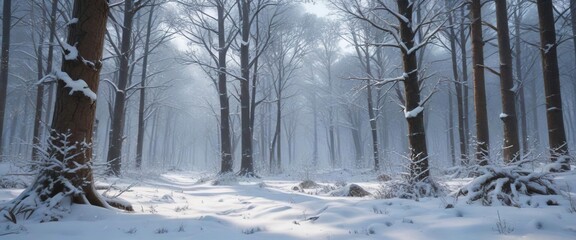 Wall Mural - Snow-covered forest with snowflakes gently falling from the sky and drifting to the ground, crystalline, peaceful