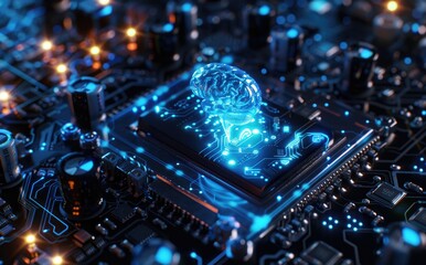 Poster - A blue glowing brain floating above an electronic circuit board, symbolizing artificial intelligence and futuristic technology concepts. Ideal for tech presentations, AI innovations