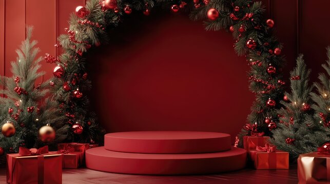 A striking red podium in a room adorned with Christmas decorations, ideal for festive content or holiday ceremonies, with large space for text in the center