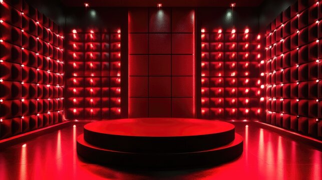 A striking red podium in a studio room, illuminated by vibrant red light, ideal for events or presentations, with ample space for text
