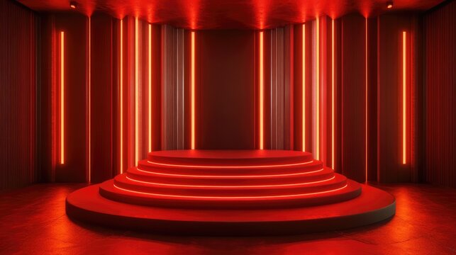 A striking red podium in a studio room, illuminated by vibrant red light, ideal for events or presentations, with ample space for text