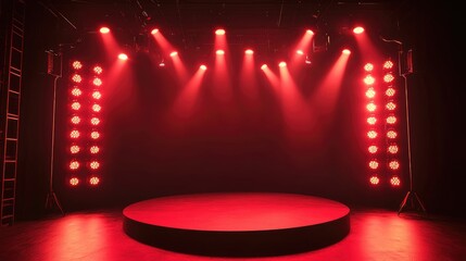 Aufkleber - A studio with a red podium illuminated by red lights, setting a dramatic and festive atmosphere, offering large space for text