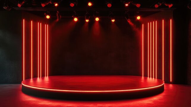 A studio with a red podium illuminated by red lights, setting a dramatic and festive atmosphere, offering large space for text