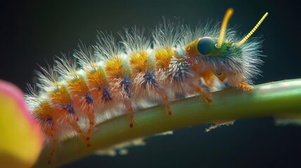 Poster - A stunning close-up of a caterpillar vivid striped body and tiny legs as it crawls up a stem, captured in natural light