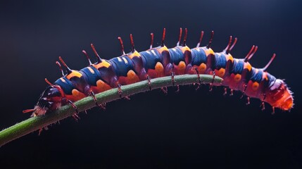 Poster - A stunning close-up of a caterpillar vivid striped body and tiny legs as it crawls up a stem, captured in natural light